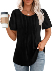 Women Summer Pleated Short Sleeve Tunic Blouses Tops