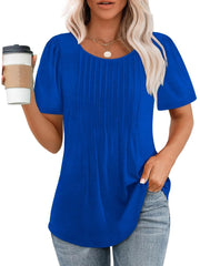 Women Summer Pleated Short Sleeve Tunic Blouses Tops