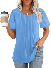 Women Summer Pleated Short Sleeve Tunic Blouses Tops