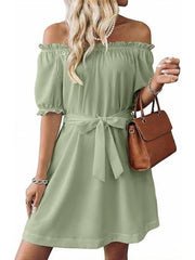 Women's Off The Shoulder Ruffle Sleeve Belted Dress