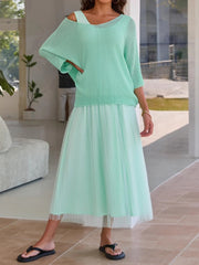 Women's Hollow-Out Top & Sleeveless Mesh Dress 2-Piece Set