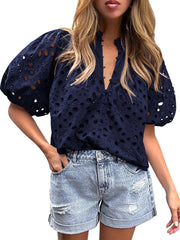 Women's Casual Short Sleeve V Neck Buttons Hollow Out Lace Embroidered Blouse