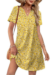 Women's Printed V Neck Short Sleeve Mini Dress With Pockets