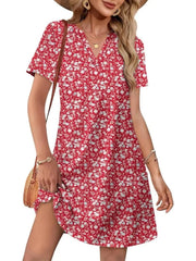 Women's Printed V Neck Short Sleeve Mini Dress With Pockets