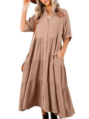 Women's Puff Sleeve Button Front Long Shirt Dress