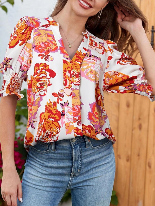 Women's Floral V-Neck Puff Sleeve Blouse