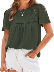 Women's Swiss Dot Lace Crochet Crewneck Boho Short Sleeves Blouse