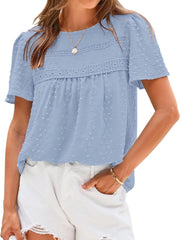 Women's Swiss Dot Lace Crochet Crewneck Boho Short Sleeves Blouse