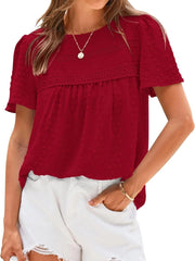 Women's Swiss Dot Lace Crochet Crewneck Boho Short Sleeves Blouse