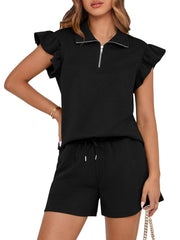 Women's Zipper V Neck Casual Ruffle Short Sleeve Tops and Drawstring Shorts 2 Piece Outfits