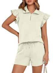 Women's Zipper V Neck Casual Ruffle Short Sleeve Tops and Drawstring Shorts 2 Piece Outfits