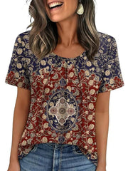 Women's Summer Pleated Neck Short Sleeve Loose Casual Blouse