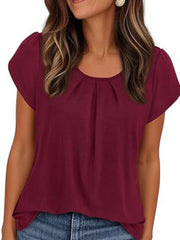 Women's Summer Pleated Neck Short Sleeve Loose Casual Blouse