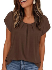 Women's Summer Pleated Neck Short Sleeve Loose Casual Blouse