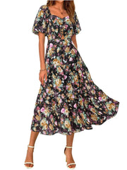 Women's Square Neck Puff Sleeve Cutout Front Tiered Floral Midi Dress