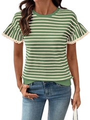 Women's Knit Striped Color Block Ruffled Short Sleeve Top