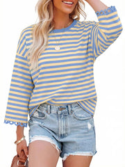 Women's Crewneck Striped Cute Color Block 3/4 Sleeve Blouse
