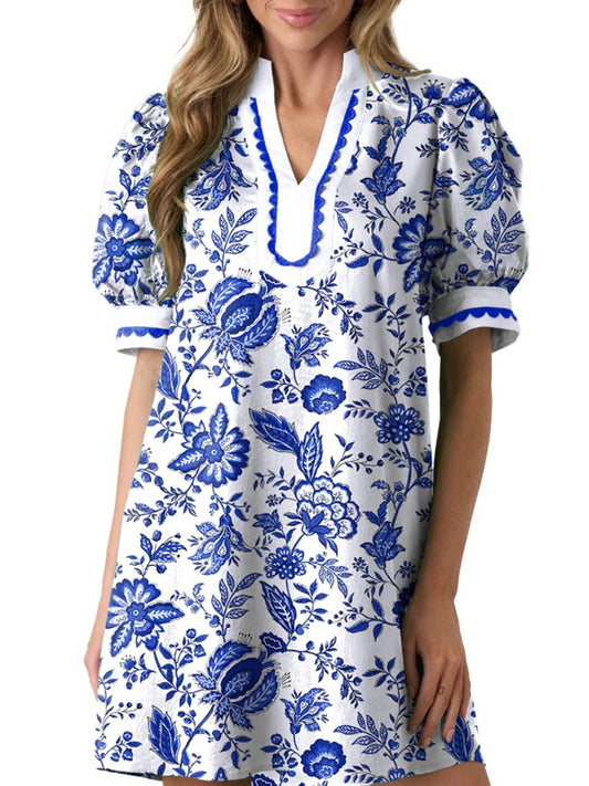 Women's Floral Print V Neck Ricrac Trim Puff Sleeve Dress