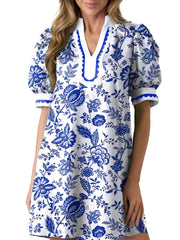 Women's Floral Print V Neck Ricrac Trim Puff Sleeve Dress