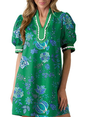 Women's Floral Print V Neck Ricrac Trim Puff Sleeve Dress