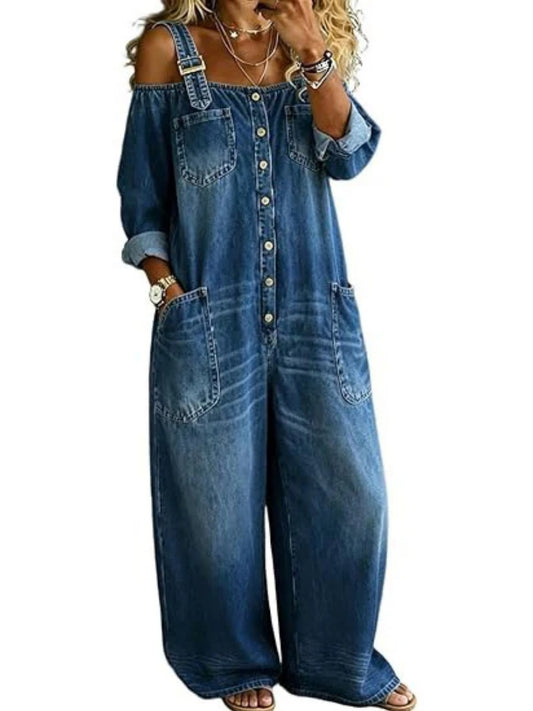 Women's Vintage Washed Off Shoulder Denim Wide Leg Overalls