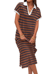 Women's V Neck Side Slit Striped Maxi Dress