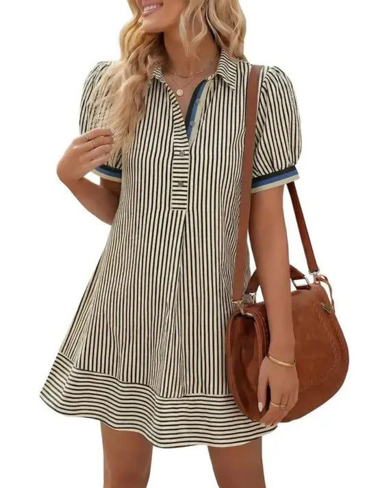 Women's Collar Half Button Casual Striped Dress