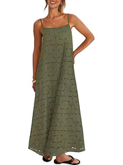 Women's Spaghetti Strap Floral Eyelet Maxi Dress