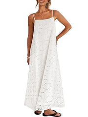 Women's Spaghetti Strap Floral Eyelet Maxi Dress
