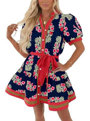 Women's Contrast Trim Floral Waist Tie Dress
