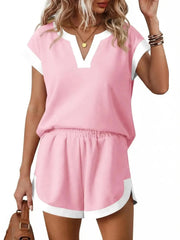 Women's Contrast V Neck Matching Short Set