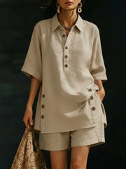 Women's Linen Button Matching Short Set