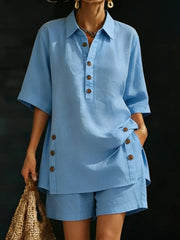 Women's Linen Button Matching Short Set