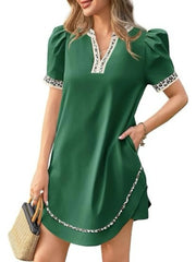 Women's Leopard Trim Puff Sleeve Mini Dress