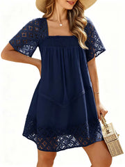 Women's Lace Crochet Sleeve Square Neck Tiered Dress
