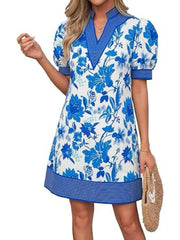 Women's Floral Stripe Trim Puff Sleeve Mini Dress