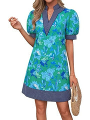 Women's Floral Stripe Trim Puff Sleeve Mini Dress