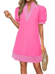 Women's Floral Stripe Trim Puff Sleeve Mini Dress