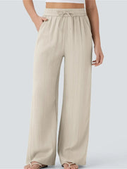 Women's High Waisted Drawstring Pocket Wide Leg Linen-Feel Pants
