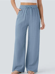 Women's High Waisted Drawstring Pocket Wide Leg Linen-Feel Pants