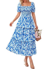 Women's Floral Square Neck Puff Short Sleeve Smocked Tiered Maxi Dress
