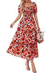 Women's Floral Square Neck Puff Short Sleeve Smocked Tiered Maxi Dress