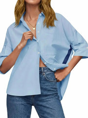 Women's Oversized Contrast Stripe 3/4 Sleeve Collar Shirt