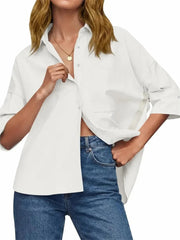 Women's Oversized Contrast Stripe 3/4 Sleeve Collar Shirt