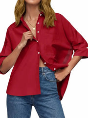 Women's Oversized Contrast Stripe 3/4 Sleeve Collar Shirt