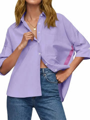 Women's Oversized Contrast Stripe 3/4 Sleeve Collar Shirt