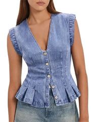 Women's V Neck Fitted Pleated Denim Vest