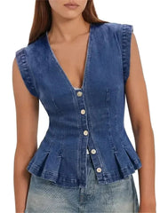 Women's V Neck Fitted Pleated Denim Vest