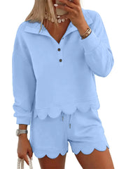Women's Scallop Hem Half Zip Long Sleeve Sweatshirt Shorts Set