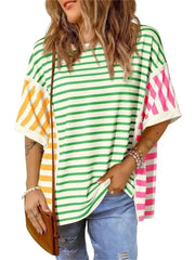 Women's Color Block Mixed Stripe Loose T Shirt